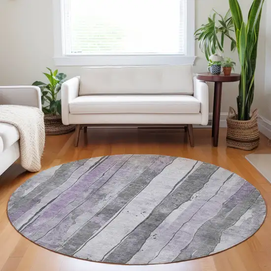 8' Lavender And Gray Round Striped Washable Indoor Outdoor Area Rug Photo 6