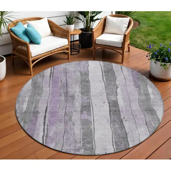 8' Lavender And Gray Round Striped Washable Indoor Outdoor Area Rug Photo 2