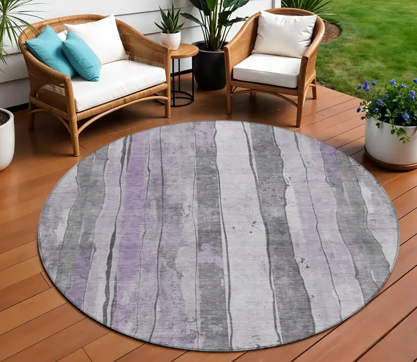 8' Lavender And Gray Round Striped Washable Indoor Outdoor Area Rug Photo 2