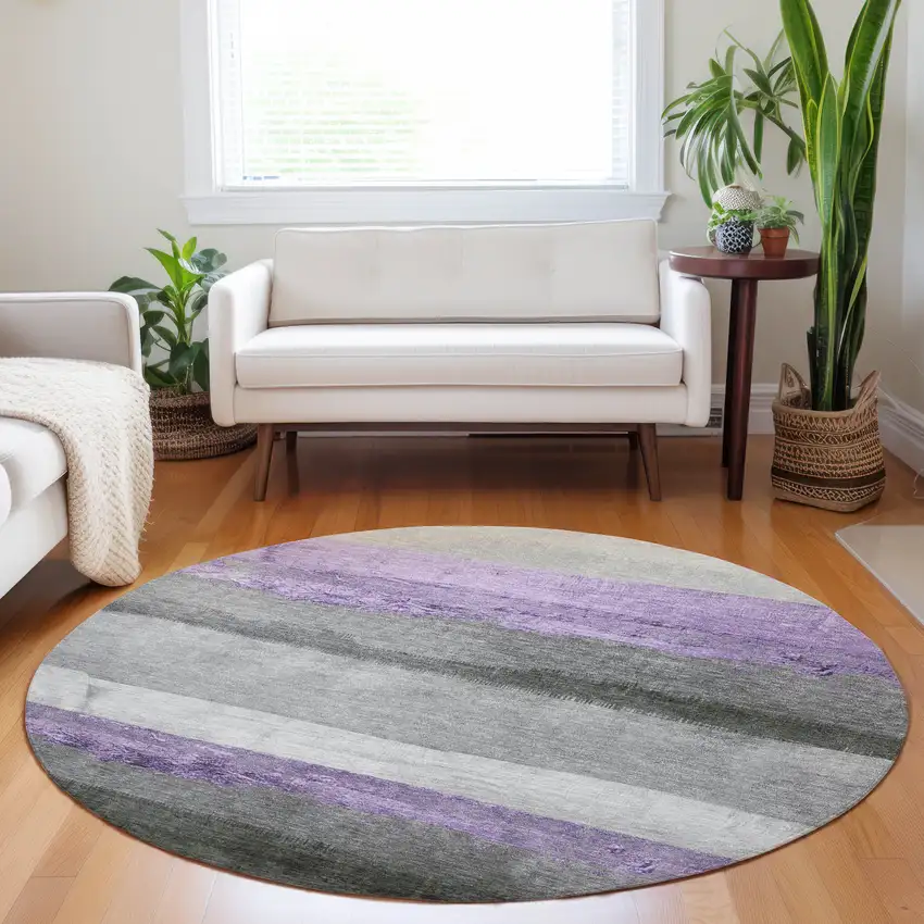 8' Lavender And Gray Round Striped Washable Indoor Outdoor Area Rug Photo 6