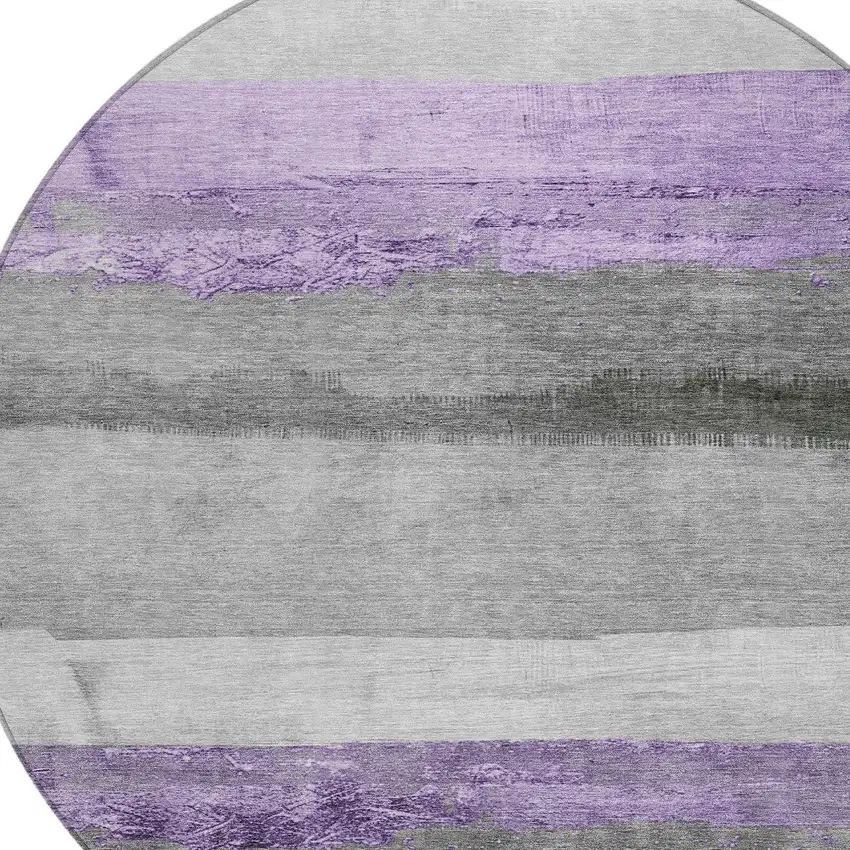 8' Lavender And Gray Round Striped Washable Indoor Outdoor Area Rug Photo 8
