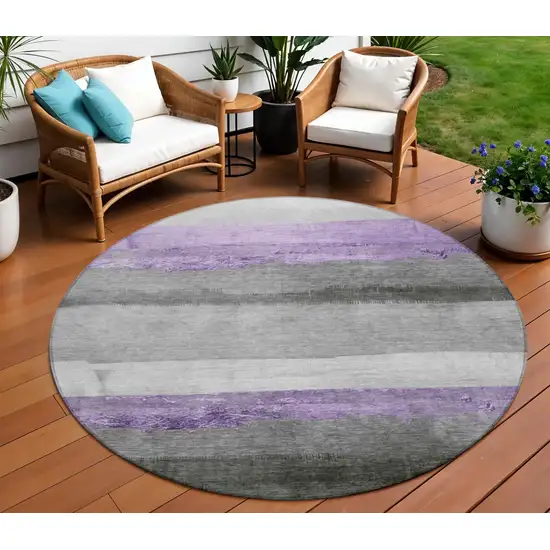 8' Lavender And Gray Round Striped Washable Indoor Outdoor Area Rug Photo 2