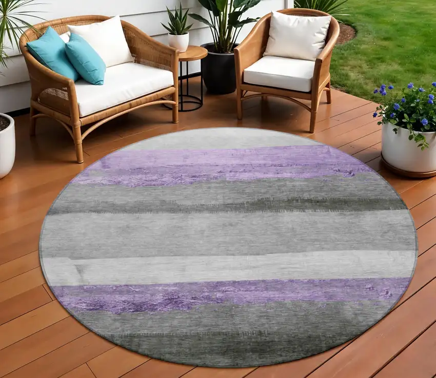 8' Lavender And Gray Round Striped Washable Indoor Outdoor Area Rug Photo 2