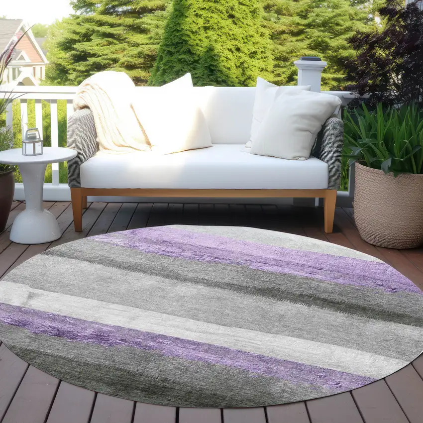 8' Lavender And Gray Round Striped Washable Indoor Outdoor Area Rug Photo 5