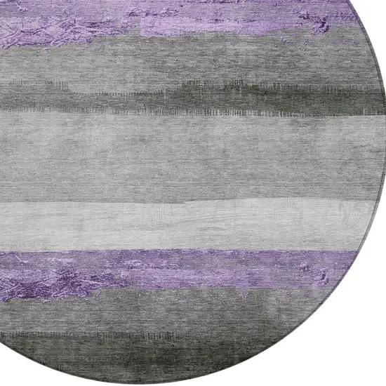 8' Lavender And Gray Round Striped Washable Indoor Outdoor Area Rug Photo 4