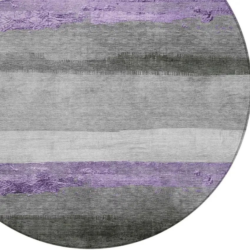 8' Lavender And Gray Round Striped Washable Indoor Outdoor Area Rug Photo 4