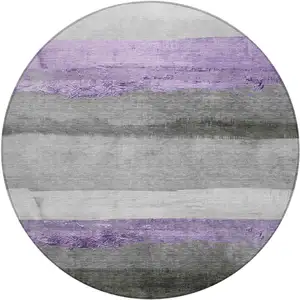 Photo of 8' Lavender And Gray Round Striped Washable Indoor Outdoor Area Rug