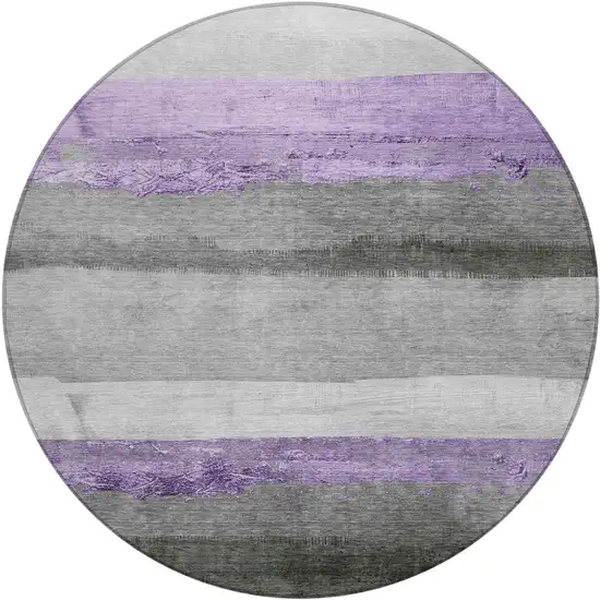 8' Lavender And Gray Round Striped Washable Indoor Outdoor Area Rug Photo 1