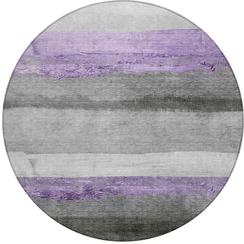 8' Lavender And Gray Round Striped Washable Indoor Outdoor Area Rug Photo 3