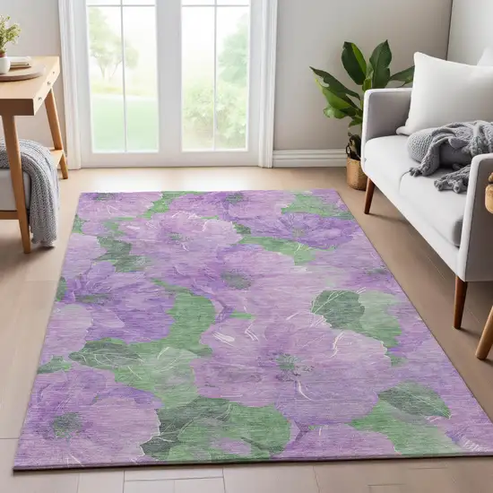 8' Lavender And Green Floral Washable Area Rug With UV Protection Photo 5