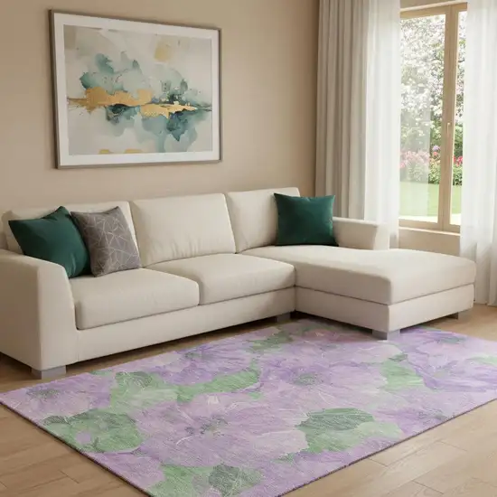8' Lavender And Green Floral Washable Area Rug With UV Protection Photo 2