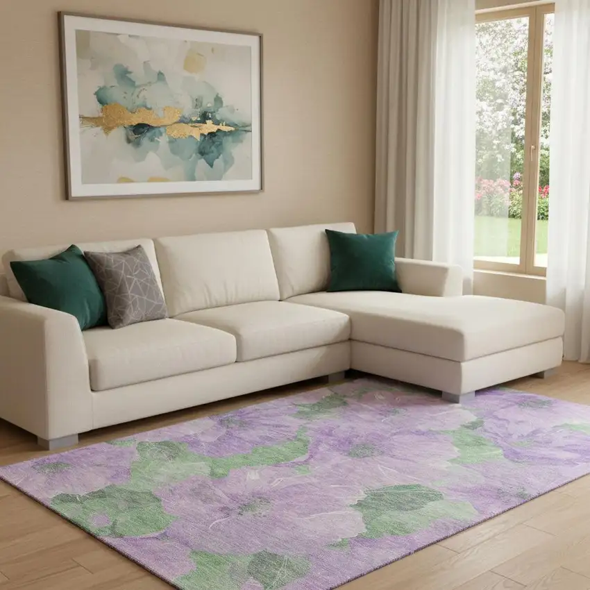 8' Lavender And Green Floral Washable Area Rug With UV Protection Photo 2