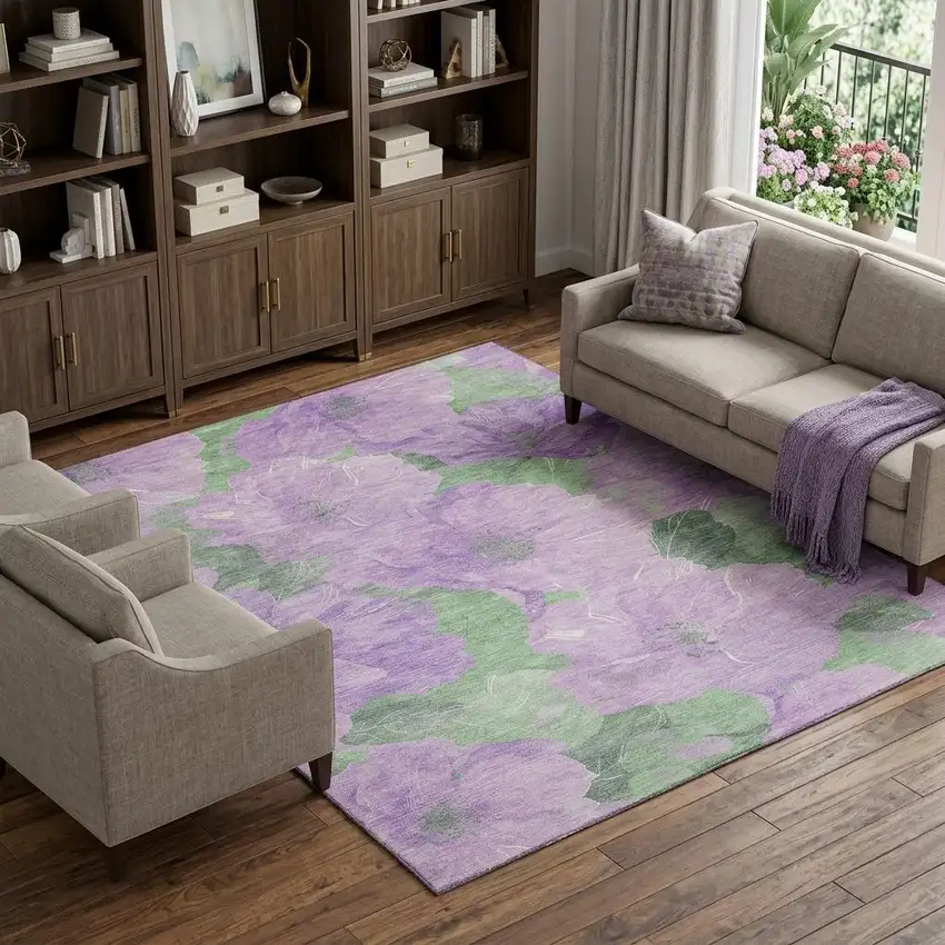 8' Lavender And Green Floral Washable Area Rug With UV Protection Photo 1
