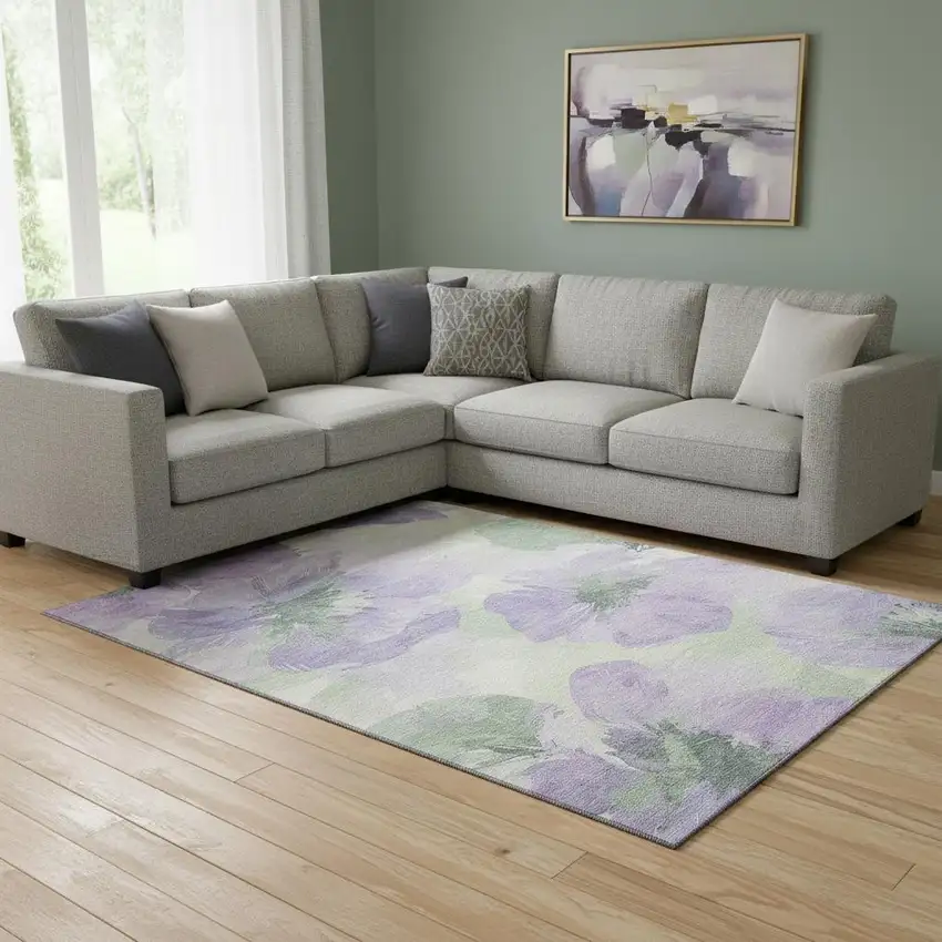 8' Lavender And Green Floral Washable Area Rug With UV Protection Photo 2