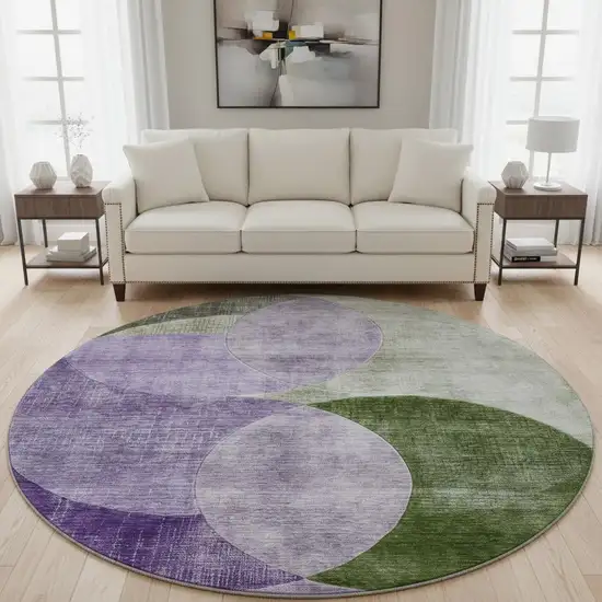 8' Lavender And Green Geometric Washable Round Rug With UV Protection Photo 2