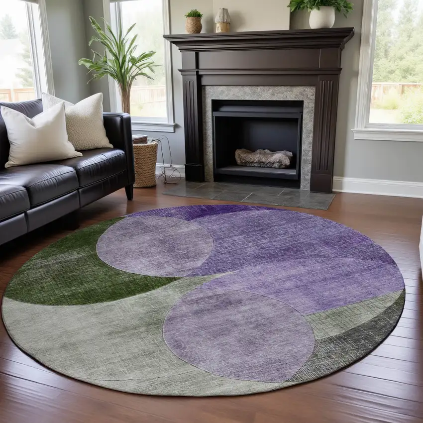 8' Lavender And Green Geometric Washable Round Rug With UV Protection Photo 4