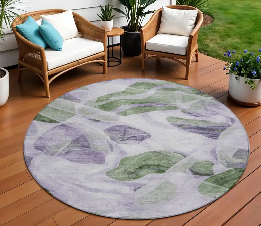 8' Lavender And Green Round Abstract Washable Indoor Outdoor Area Rug Photo 2