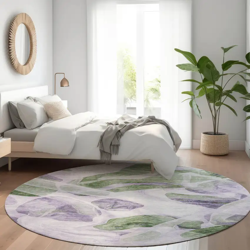 8' Lavender And Green Round Abstract Washable Indoor Outdoor Area Rug Photo 6