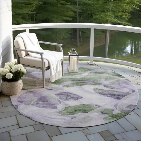 8' Lavender And Green Round Abstract Washable Indoor Outdoor Area Rug Photo 5