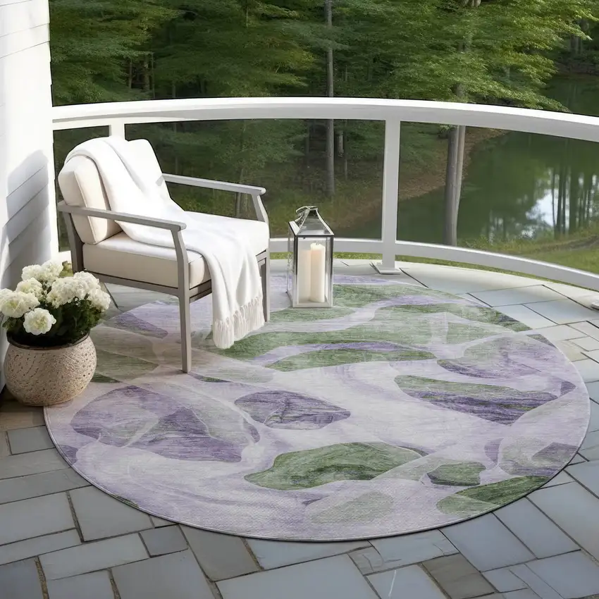 8' Lavender And Green Round Abstract Washable Indoor Outdoor Area Rug Photo 5