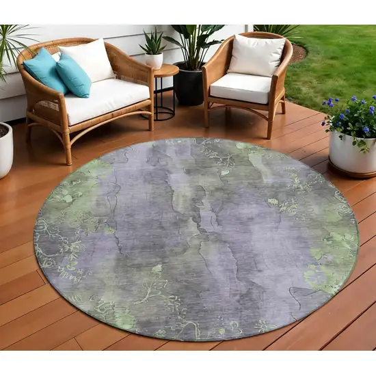 8' Lavender And Green Round Floral Washable Indoor Outdoor Area Rug Photo 2
