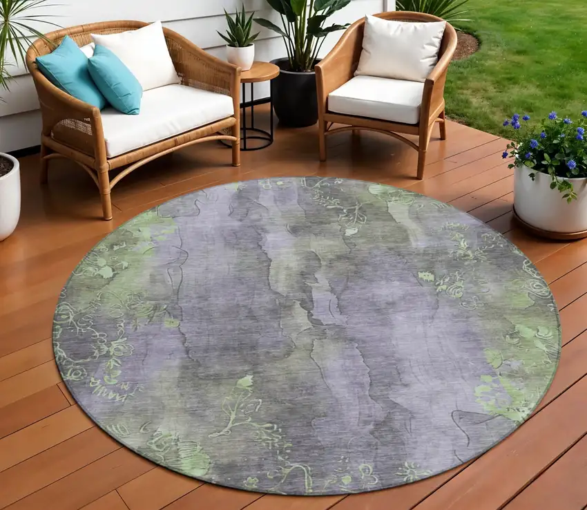8' Lavender And Green Round Floral Washable Indoor Outdoor Area Rug Photo 2