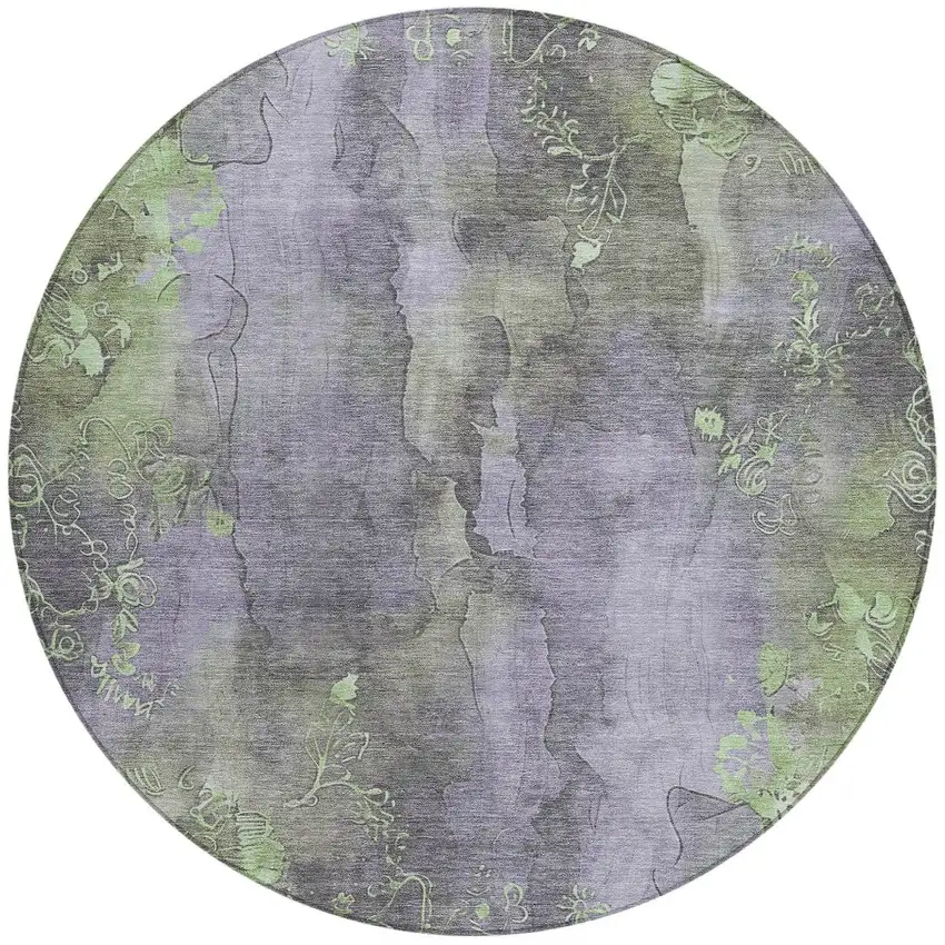 8' Lavender And Green Round Floral Washable Indoor Outdoor Area Rug Photo 3