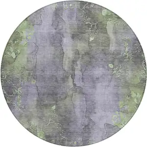 Photo of 8' Lavender And Green Round Floral Washable Indoor Outdoor Area Rug