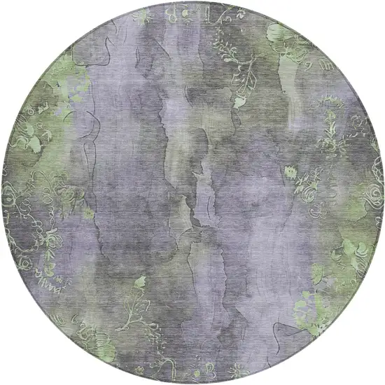 8' Lavender And Green Round Floral Washable Indoor Outdoor Area Rug Photo 1