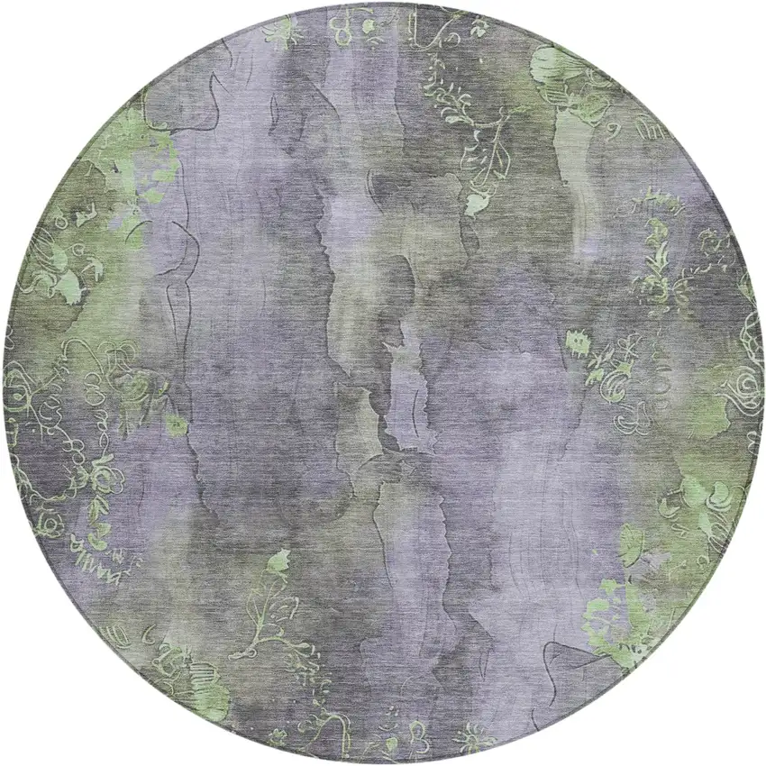 8' Lavender And Green Round Floral Washable Indoor Outdoor Area Rug Photo 1