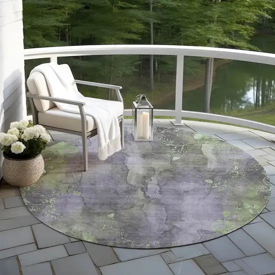 8' Lavender And Green Round Floral Washable Indoor Outdoor Area Rug Photo 5