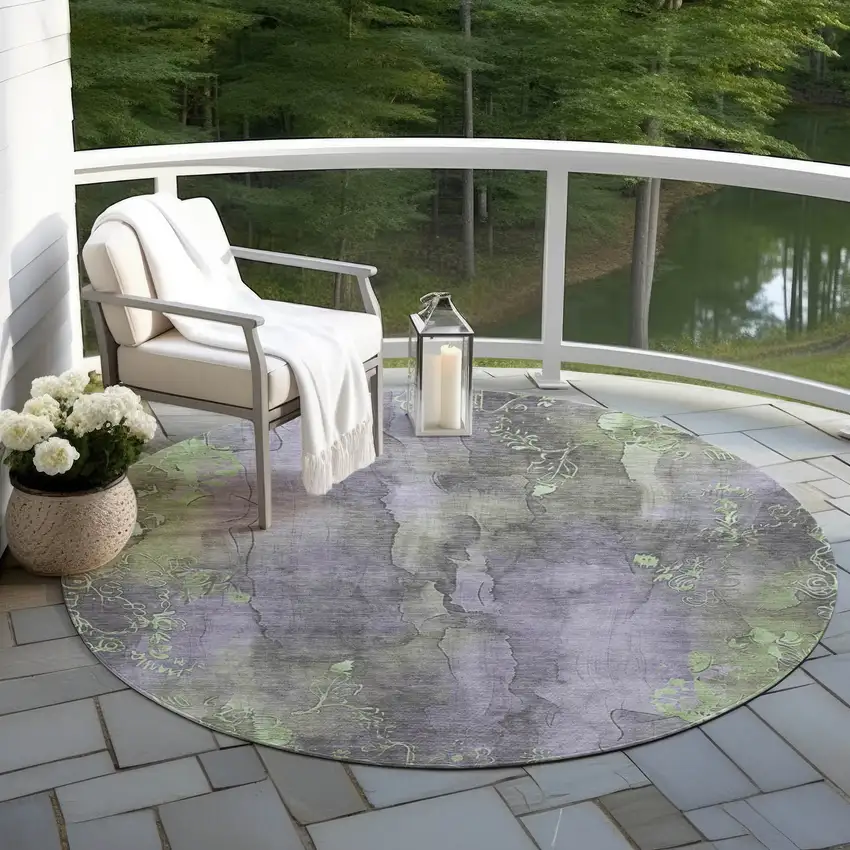 8' Lavender And Green Round Floral Washable Indoor Outdoor Area Rug Photo 5