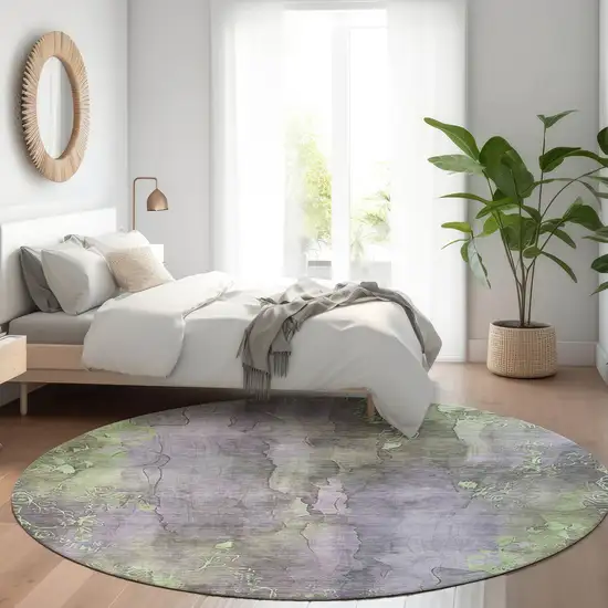 8' Lavender And Green Round Floral Washable Indoor Outdoor Area Rug Photo 6