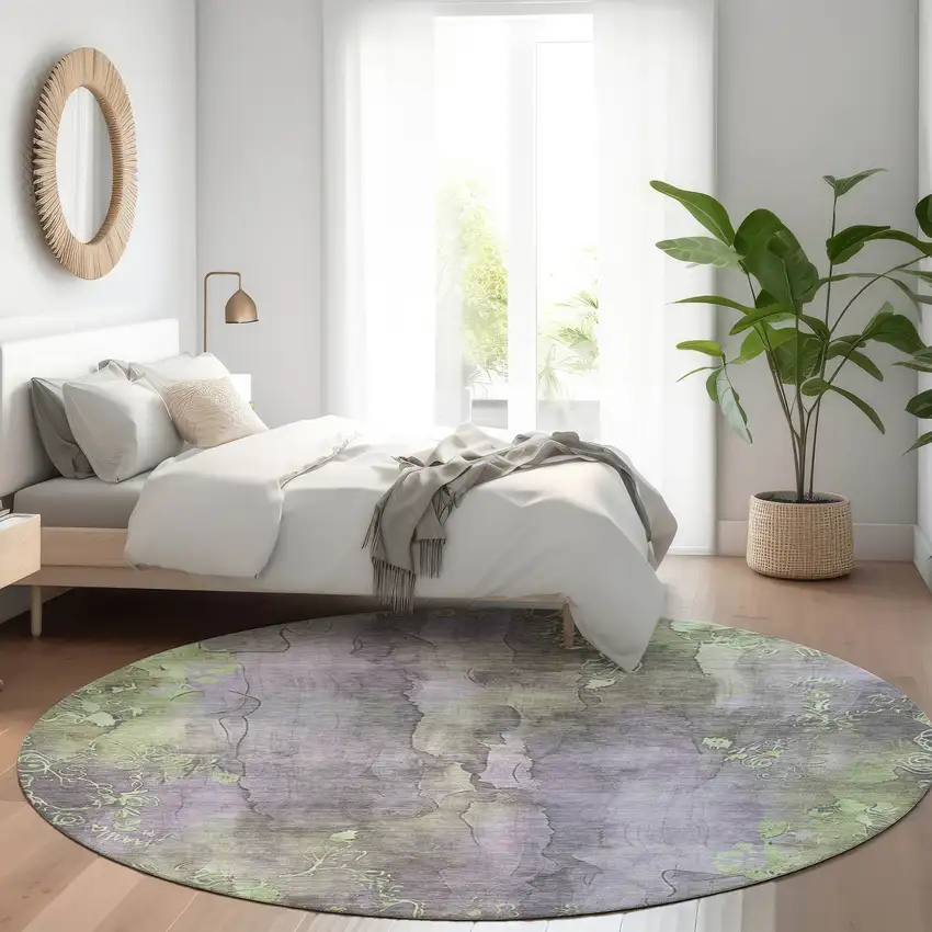 8' Lavender And Green Round Floral Washable Indoor Outdoor Area Rug Photo 6