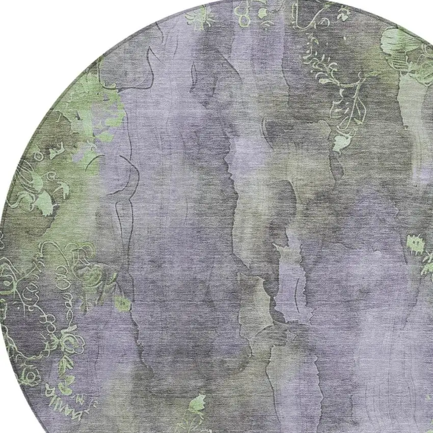 8' Lavender And Green Round Floral Washable Indoor Outdoor Area Rug Photo 4