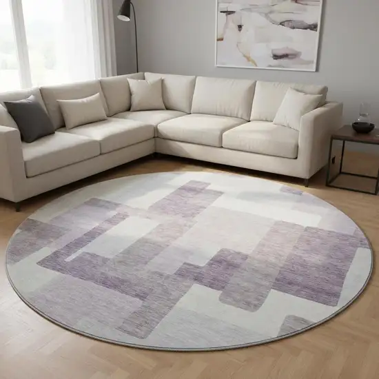 8' Lavender And Ivory Abstract Geometric Washable Round Rug With UV Protection Photo 2