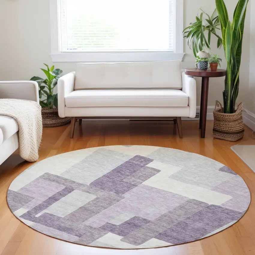 8' Lavender And Ivory Abstract Geometric Washable Round Rug With UV Protection Photo 5