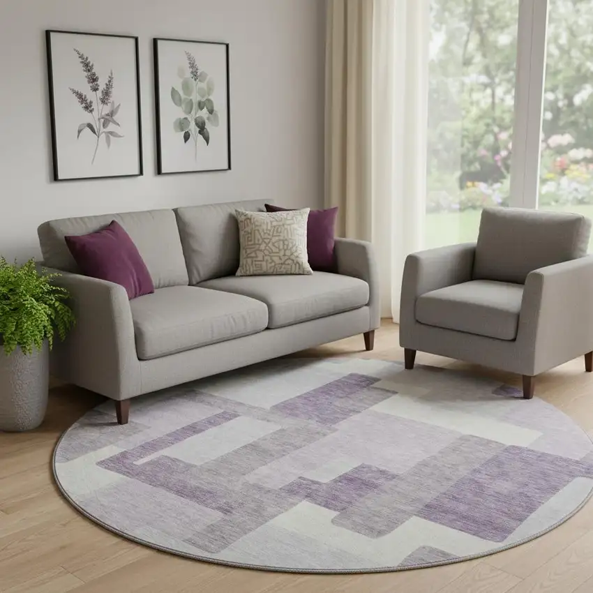 8' Lavender And Ivory Abstract Geometric Washable Round Rug With UV Protection Photo 1