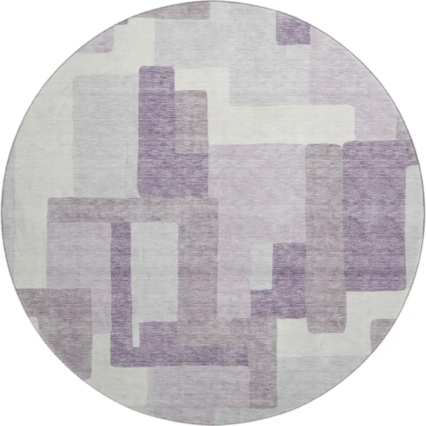 8' Lavender And Ivory Abstract Geometric Washable Round Rug With UV Protection Photo 1