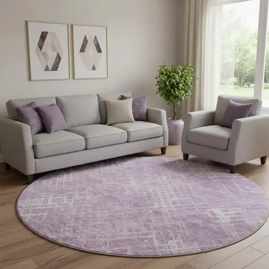 8' Lavender And Ivory Abstract Geometric Washable Round Rug With UV Protection Photo 1
