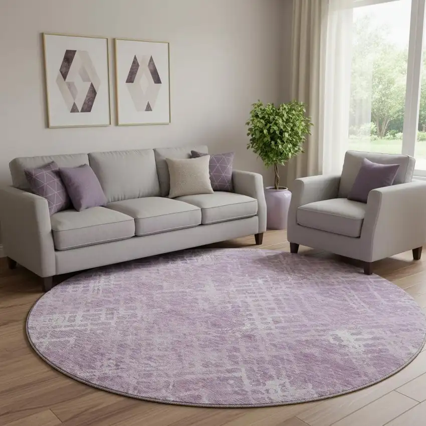 8' Lavender And Ivory Abstract Geometric Washable Round Rug With UV Protection Photo 1