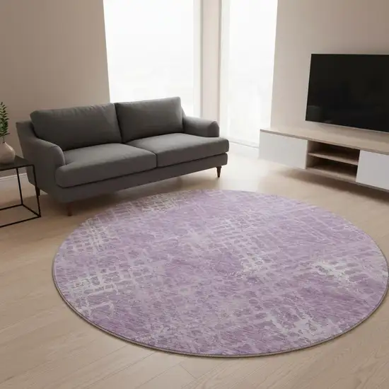 8' Lavender And Ivory Abstract Geometric Washable Round Rug With UV Protection Photo 2