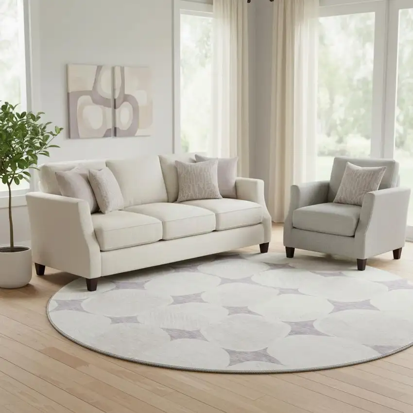 8' Lavender And Ivory Abstract Geometric Washable Round Rug With UV Protection Photo 1