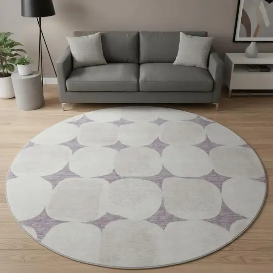 8' Lavender And Ivory Abstract Geometric Washable Round Rug With UV Protection Photo 2
