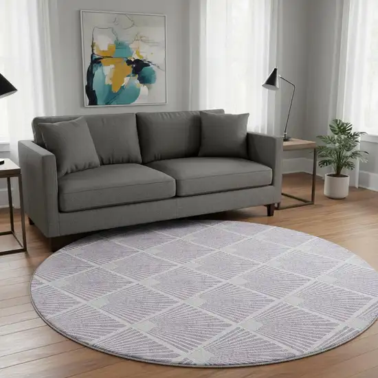 8' Lavender And Ivory Abstract Geometric Washable Round Rug With UV Protection Photo 2