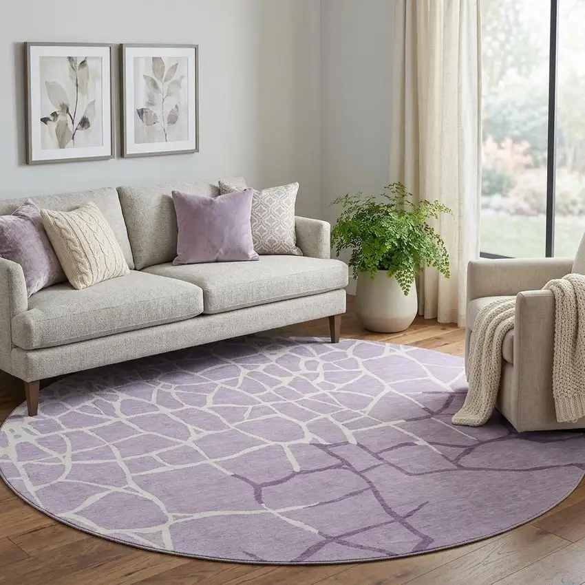8' Lavender And Ivory Abstract Geometric Washable Round Rug With UV Protection Photo 1