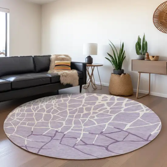 8' Lavender And Ivory Abstract Geometric Washable Round Rug With UV Protection Photo 4