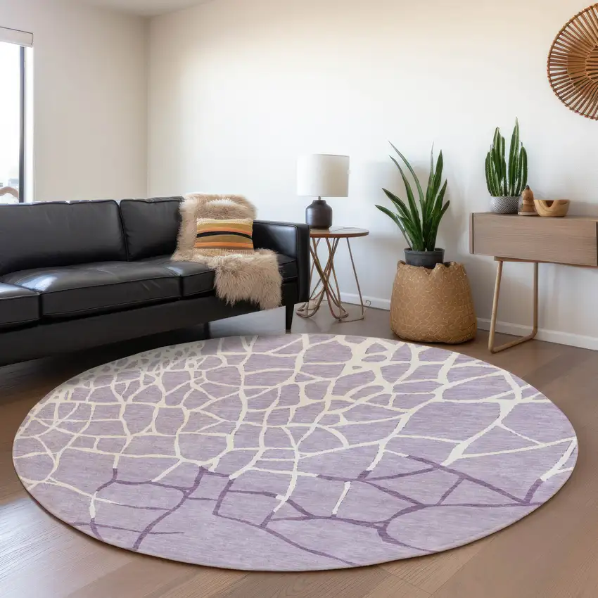 8' Lavender And Ivory Abstract Geometric Washable Round Rug With UV Protection Photo 4