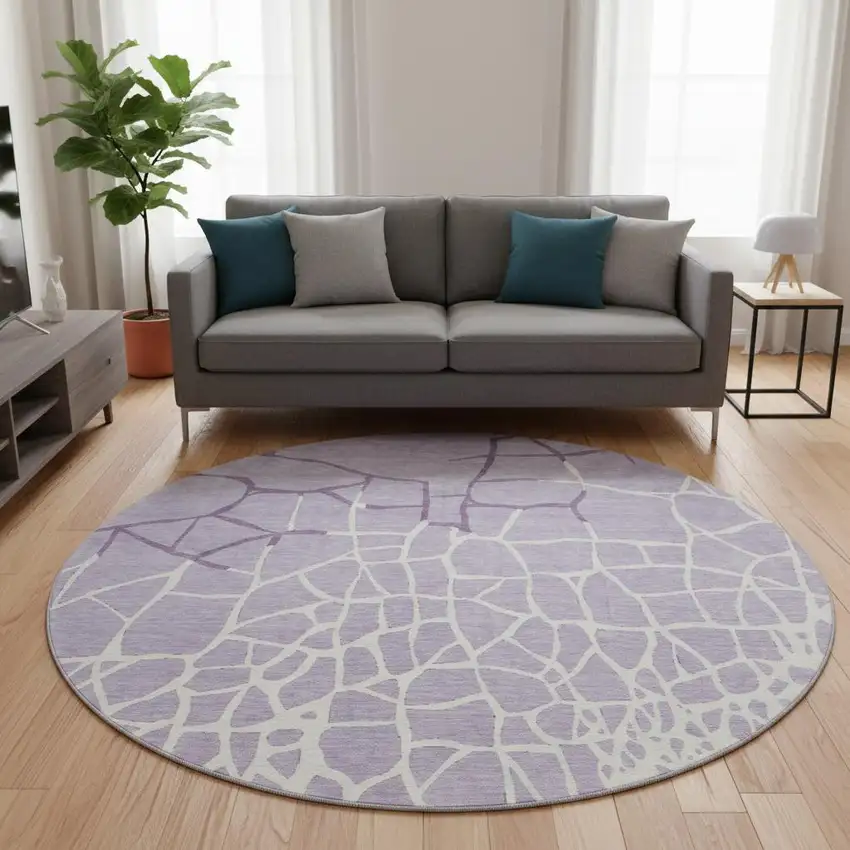 8' Lavender And Ivory Abstract Geometric Washable Round Rug With UV Protection Photo 2