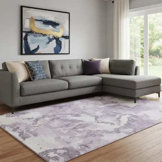 8' Lavender And Ivory Abstract Washable Area Rug With UV Protection Photo 2